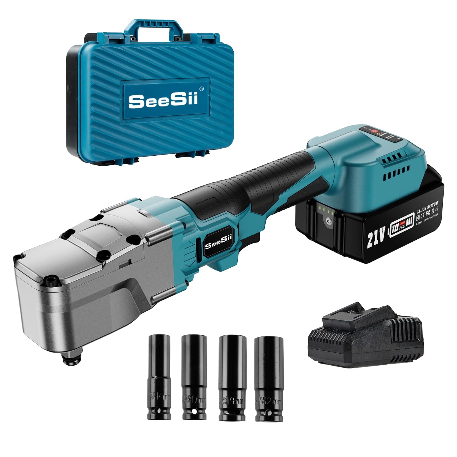1/2'' Cordless Right Angle Impact Wrench Kit ,Seesii Brushless Power Impact Wrench 220Ft-lbs(300N.m), w/4.0Ah Rechargable Battery & 4 Sockets