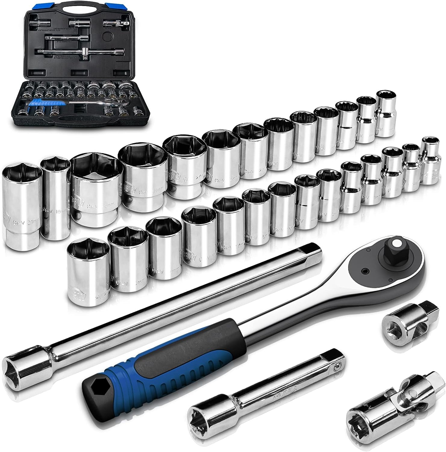 1/2" Drive 8mm-32mm Metric Socket Set, 32 Pcs Mechanic Tool Socket Ratchet Wrench Set, for Auto Repairing