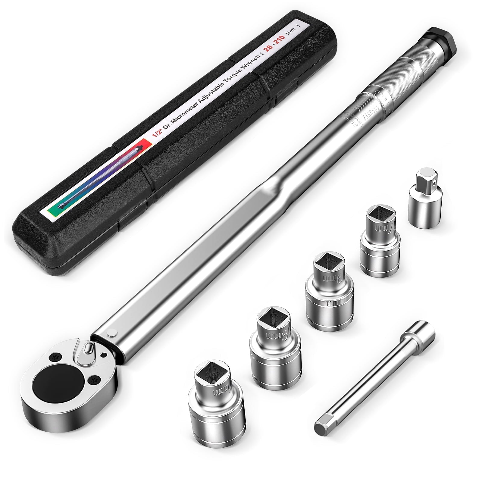 1/2-inch Drive Click Torque Wrench Set, 20-159 Ft-Lb/28-210 Nm, Dual-Direction & Adjustable 72-tooth Torque Wrench Kit with Extension Bar & Buckle, Socket Set-7PCS