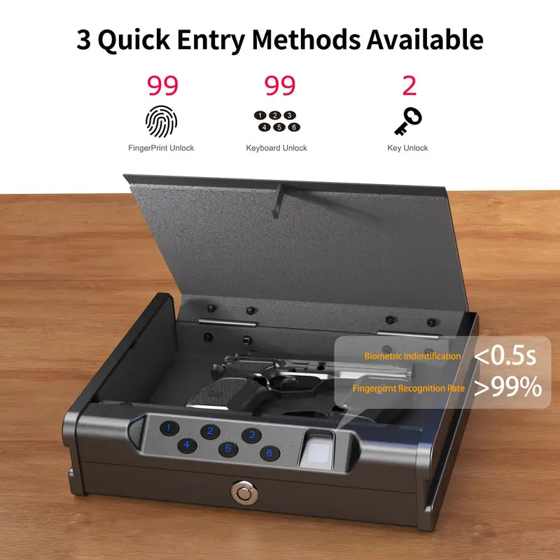 1 Black Pistol Safe with Quick Fingerprint Unlock - Dual Gun Capacity, USB-C Emergency Power Supply, Ideal for Valuables like Firearms, Documents & Cash - Perfect for Nightstands, Wardrobes, Cars
