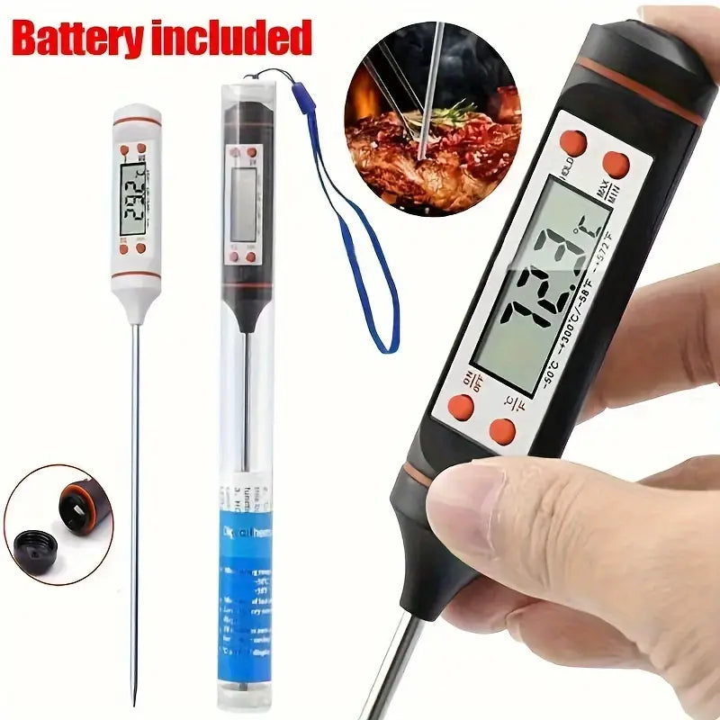 1pc Digital Instant Read Thermometer, Plastic, Ultra-Fast & Precise Cooking Probe for Meat, Milk, Liquids & Candy, Battery Included (Button Battery), for Home & Restaurant Kitchens, Black/White
