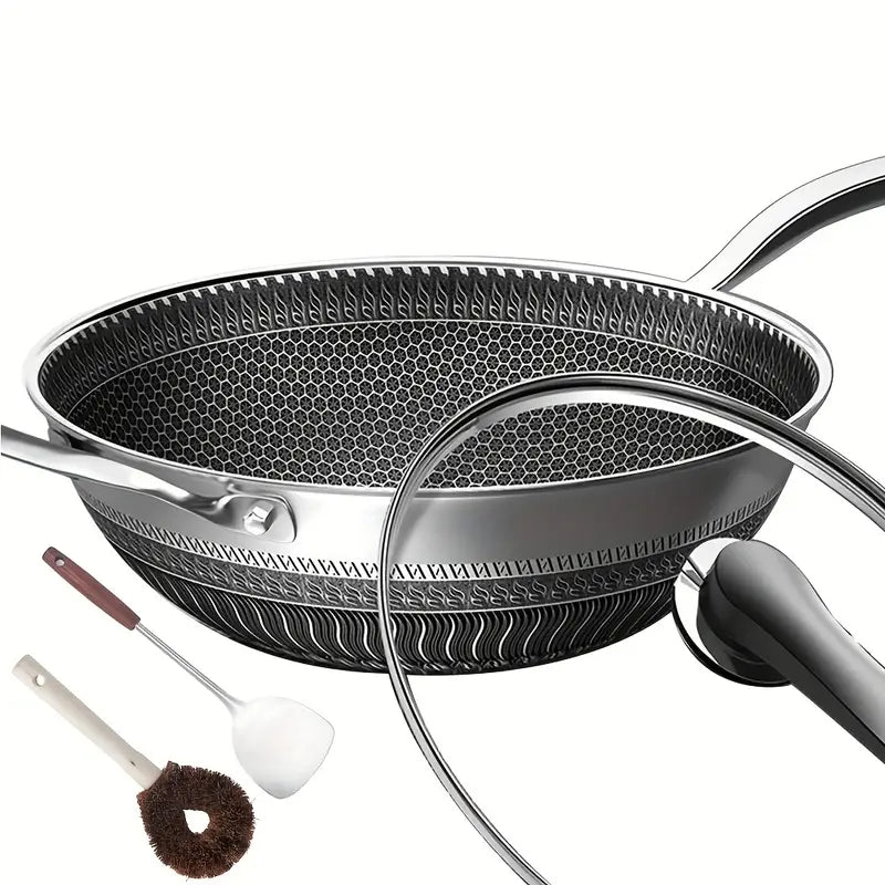 13.3Inch Stainless Steel Non-stick Wok With Lid And 2pcs Cookware Accessories, Honeycomb Design, Home Cooking Pan, Induction Cooker, Electric Ceramic Stove And Kitchenware
