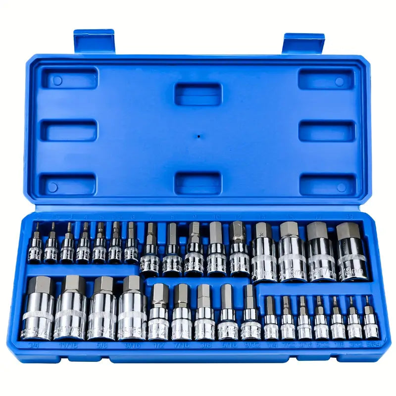 32pcs Hex Bit Socket Set, 1/4", 3/8", & 1/2" Drives, SAE & Metric Sizes, Durable S2 Steel, Allen Head Design, Includes Enhanced Blue Storage Case - Chemical Corrosion Resistant, Secure Storage Solution|Hex Bit Storage|Corrosionresistant Tools