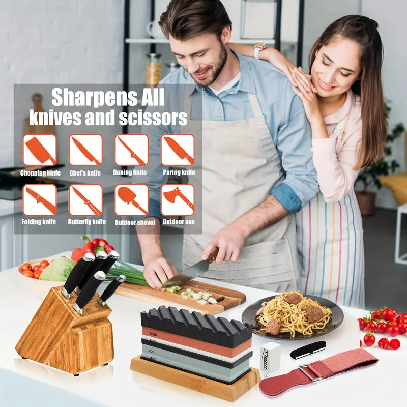1 Set Professional Knife Sharpening Stone Kit, 4 Sided Grit 400/1000 3000/8000, with Non-Slip Bamboo Base, Leather Strop, Flattening Stone & Angle Guide for Sharp Kitchen Knives - For Home Cooks & Chefs - Suitable for Honing & Sharpening