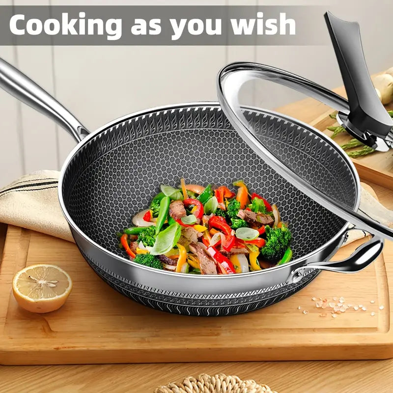 13.3Inch Stainless Steel Non-stick Wok With Lid And 2pcs Cookware Accessories, Honeycomb Design, Home Cooking Pan, Induction Cooker, Electric Ceramic Stove And Kitchenware