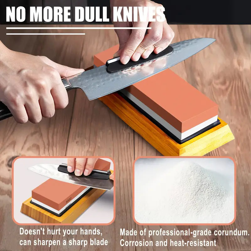 1 Set Professional Knife Sharpening Stone Kit, 4 Sided Grit 400/1000 3000/8000, with Non-Slip Bamboo Base, Leather Strop, Flattening Stone & Angle Guide for Sharp Kitchen Knives - For Home Cooks & Chefs - Suitable for Honing & Sharpening