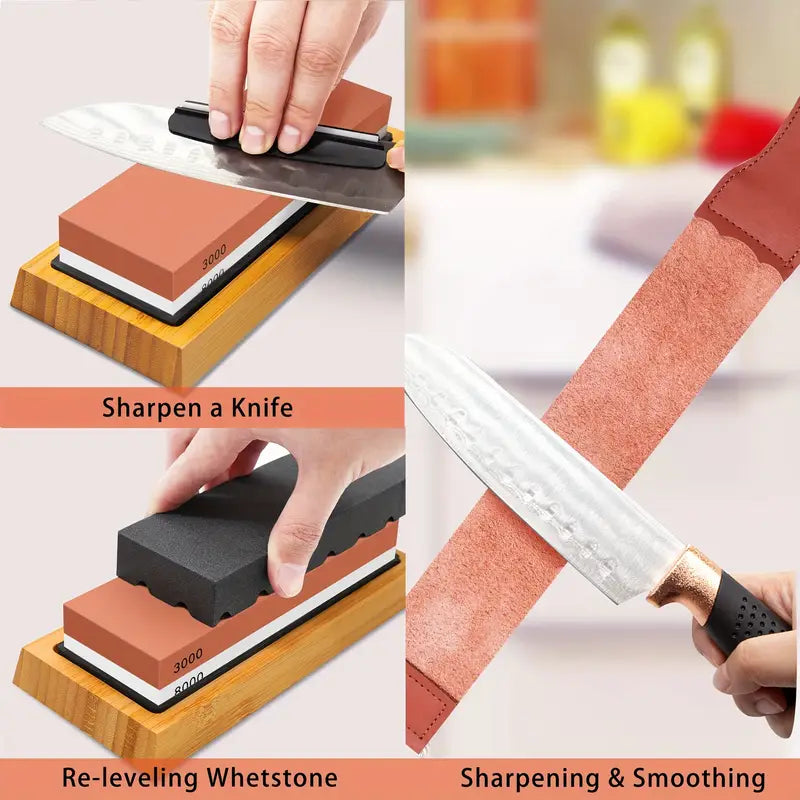 1 Set Professional Knife Sharpening Stone Kit, 4 Sided Grit 400/1000 3000/8000, with Non-Slip Bamboo Base, Leather Strop, Flattening Stone & Angle Guide for Sharp Kitchen Knives - For Home Cooks & Chefs - Suitable for Honing & Sharpening