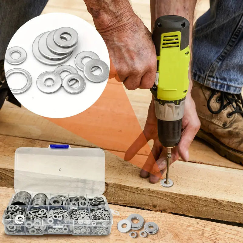 580pcs 304 Stainless Steel Flat Washer Set, Durable Material, Polished Surface, O-Ring Fastener Spacer Set with Storage Box, Includes 9 Common Sizes (M2-M12), Suitable for Outdoor Architecture Home Decor, Factory Maintenance, Kitchen, DIY Projects