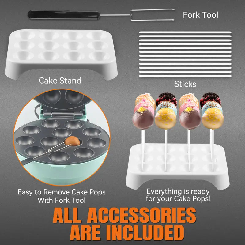 12-Cavity Cake Pop Maker Machine with Sticks & Fork Tool, Aqua Blue Round Electric Dessert Press for Uniform Cake Pops, Includes Decorating Tools & Accessories, Kitchen Appliance | Decorative Cake Tool | Durable Kitchen Gadget, Cake Pop Supplies