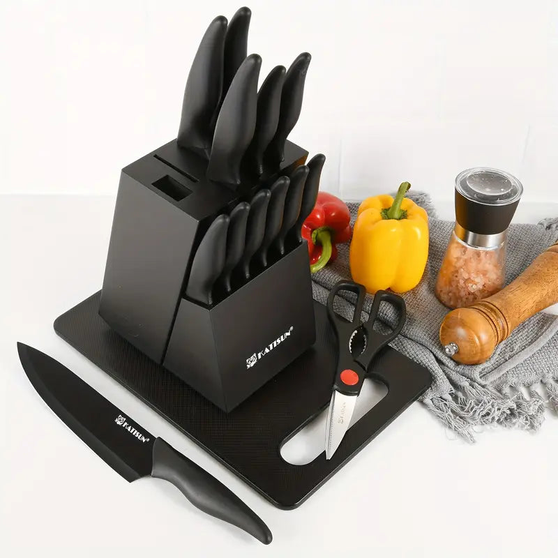 15pcs Professional Black Coding Kitchen Knife Set With Black Wooden Block, Non-slip ABS Handle For Chef Knives, Plastic Cutting Board, And Kitchen Shears For Family And Restaurant