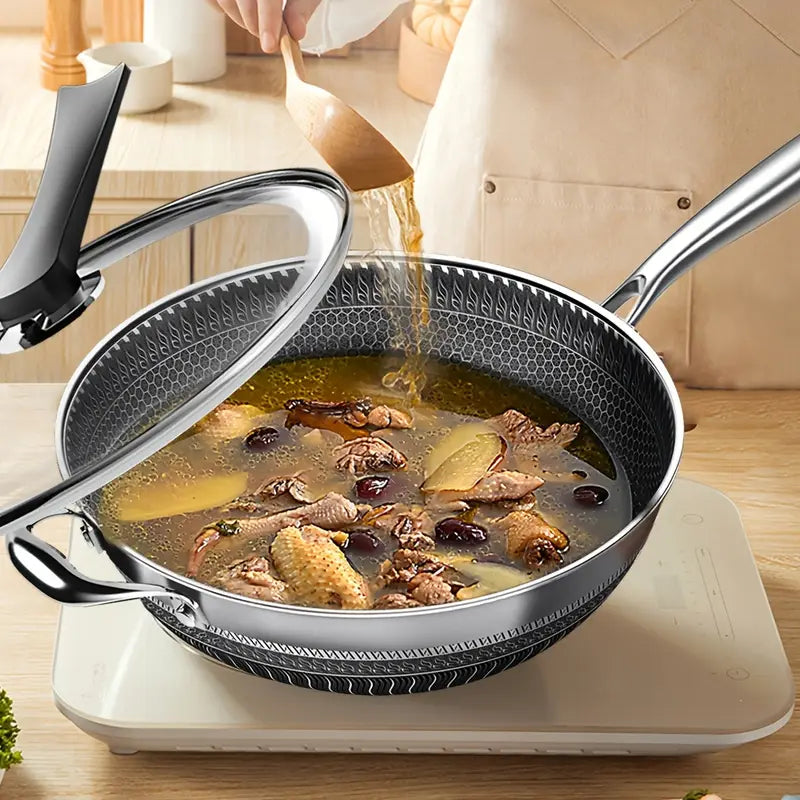 13.3Inch Stainless Steel Non-stick Wok With Lid And 2pcs Cookware Accessories, Honeycomb Design, Home Cooking Pan, Induction Cooker, Electric Ceramic Stove And Kitchenware