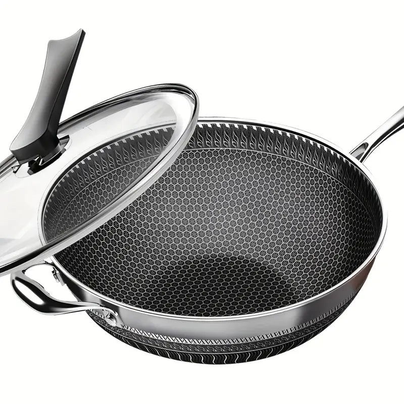 13.3Inch Stainless Steel Non-stick Wok With Lid And 2pcs Cookware Accessories, Honeycomb Design, Home Cooking Pan, Induction Cooker, Electric Ceramic Stove And Kitchenware