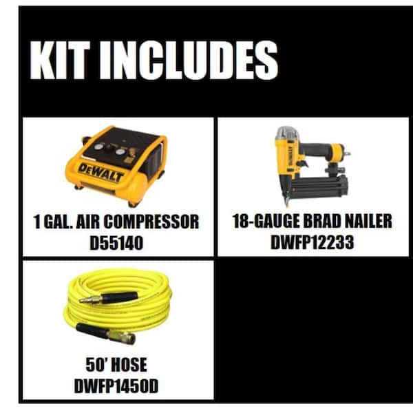 1 Gal. 135 PSI Portable Electric Trim Air Compressor, 18-Gauge Pneumatic Brad Nailer and 50 ft. x 1/4 in. Air Hose
