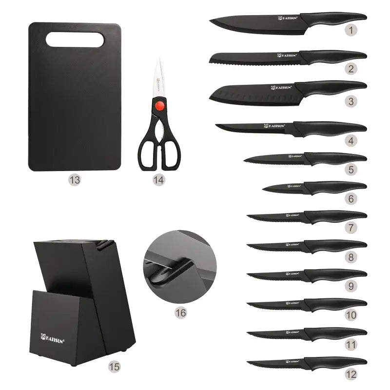 15pcs Professional Black Coding Kitchen Knife Set With Black Wooden Block, Non-slip ABS Handle For Chef Knives, Plastic Cutting Board, And Kitchen Shears For Family And Restaurant