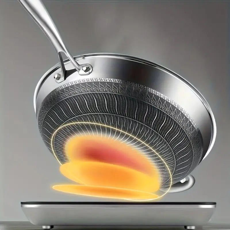13.3Inch Stainless Steel Non-stick Wok With Lid And 2pcs Cookware Accessories, Honeycomb Design, Home Cooking Pan, Induction Cooker, Electric Ceramic Stove And Kitchenware
