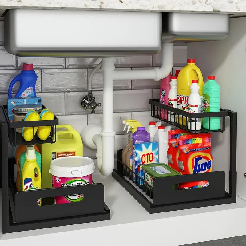 2-Tier Slide-Out Under Sink Organizer - Heavy-Duty Cast Iron Pull-Out Cabinet Shelf with Adjustable Compartments, Space-Saving Storage for Kitchen & Bathroom Cabinets
