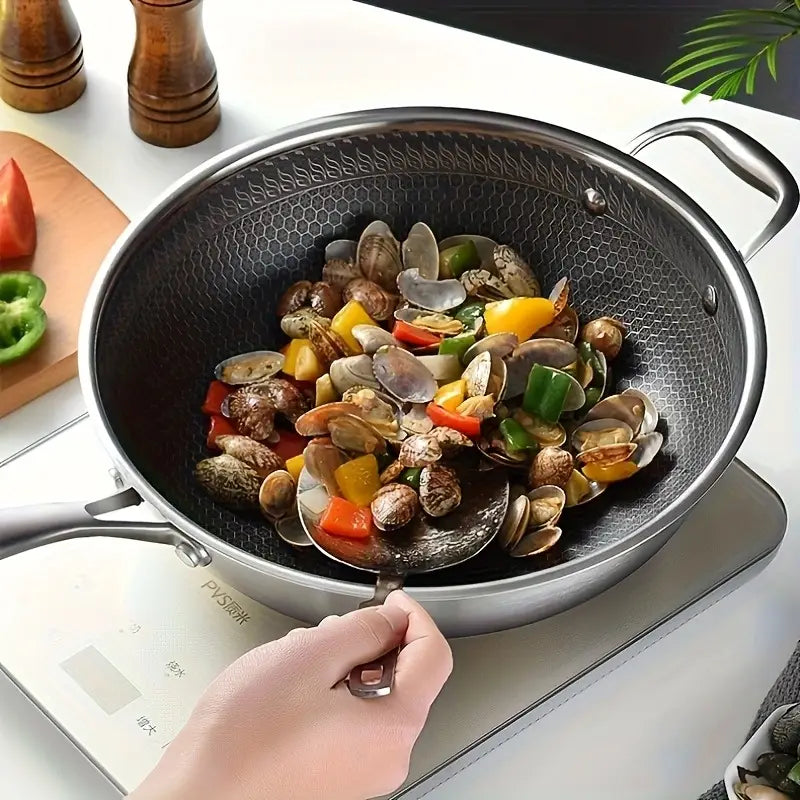 13.3Inch Stainless Steel Non-stick Wok With Lid And 2pcs Cookware Accessories, Honeycomb Design, Home Cooking Pan, Induction Cooker, Electric Ceramic Stove And Kitchenware