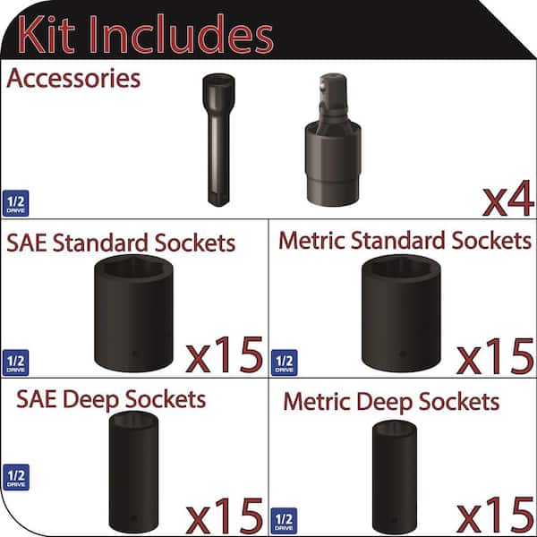 1/2 in. Drive SAE/Metric 6-Point Impact Socket Set (64-Piece)