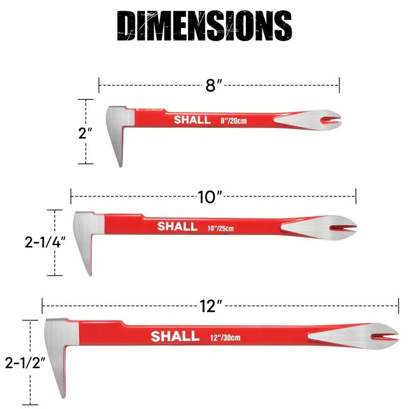 SHALL 3pcs Nail Puller Tool Set, 12', 10', 8' - Heavy Duty & Mini Cats Paw Pry Bar, Utility Claw Bar, Wonder Bar, High Carbon Steel Crowbar Tool For Home Remolding & Woodworking Tile Removal Tools