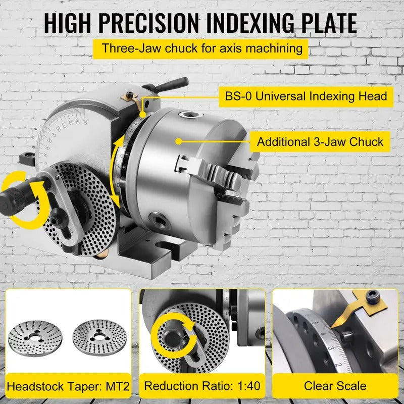 Vevor Dividing Head BS-0 5Inch 3 Jaw Chuck Dividing Head Set Precision Semi Universal Dividing Head for Milling Machine Rotary Table Tailstock Milling Set (5 Inch Chuck) : Tools & Home Improvement