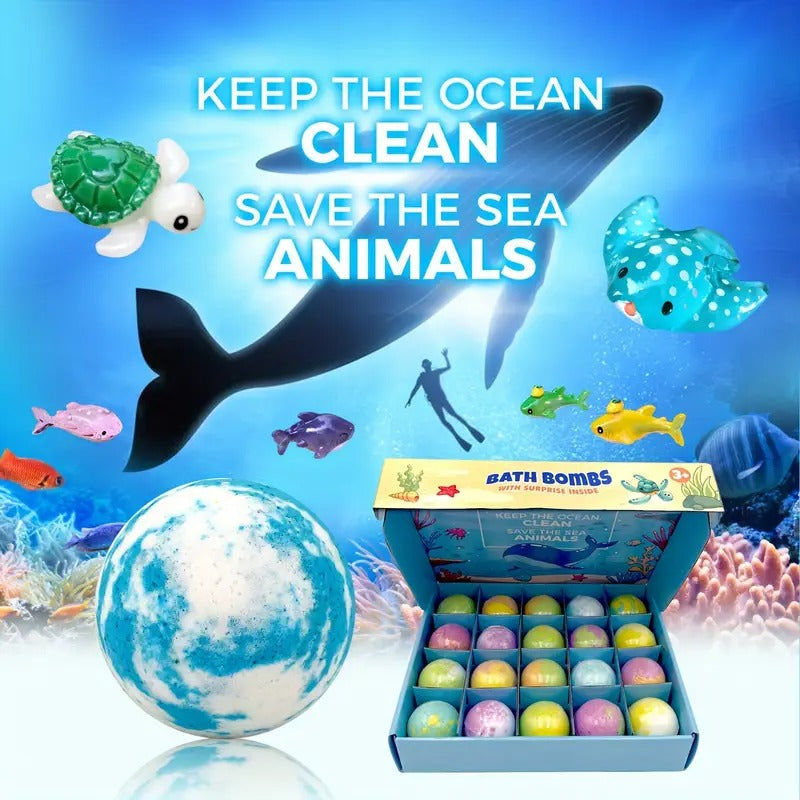 20pcs Ocean-Themed Bath Bombs with Surprise Toys Inside – Natural, Fizzy & Foaming for Sensitive Skin, Chamomile Scented, Sea Animal Shapes (Whale, Turtle, Octopus), Perfect for Kids’ Bath