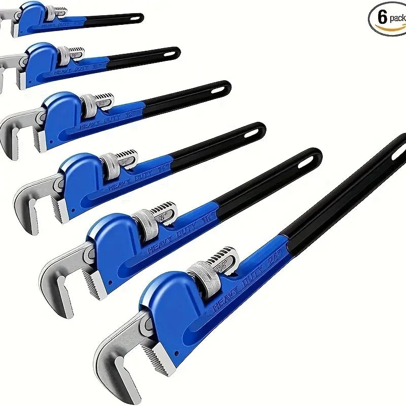 6pcs Straight Heavy Duty Pipe Wrench Set Plumber Adjustable Water Alloy Steel Grip Plumber's Wrench Plumbing Tools, Blue