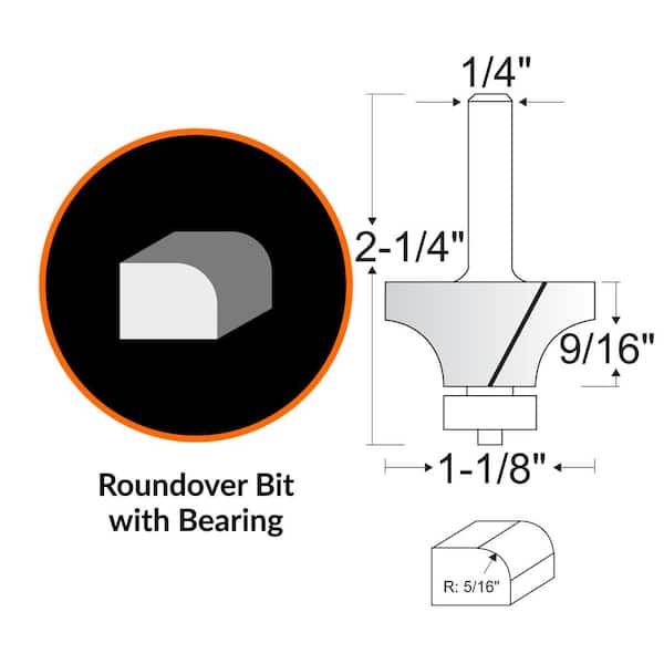 1-1/8 in. Roundover Carbide Tipped Router Bit with 1/4 in. Shank