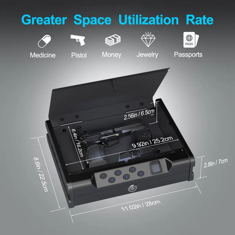 1 Black Pistol Safe with Quick Fingerprint Unlock - Dual Gun Capacity, USB-C Emergency Power Supply, Ideal for Valuables like Firearms, Documents & Cash - Perfect for Nightstands, Wardrobes, Cars