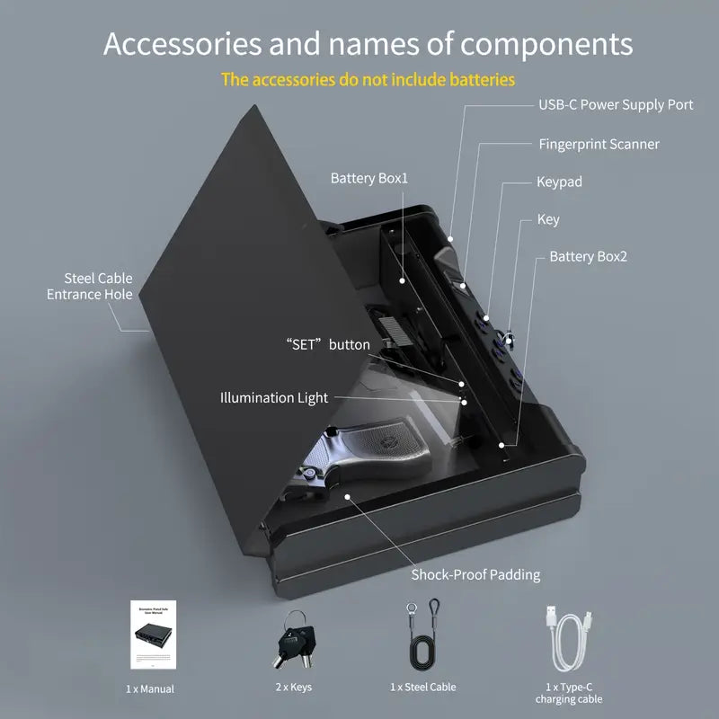 1 Black Pistol Safe with Quick Fingerprint Unlock - Dual Gun Capacity, USB-C Emergency Power Supply, Ideal for Valuables like Firearms, Documents & Cash - Perfect for Nightstands, Wardrobes, Cars