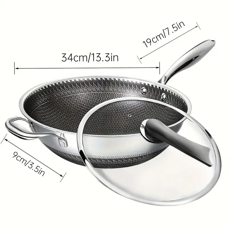13.3Inch Stainless Steel Non-stick Wok With Lid And 2pcs Cookware Accessories, Honeycomb Design, Home Cooking Pan, Induction Cooker, Electric Ceramic Stove And Kitchenware