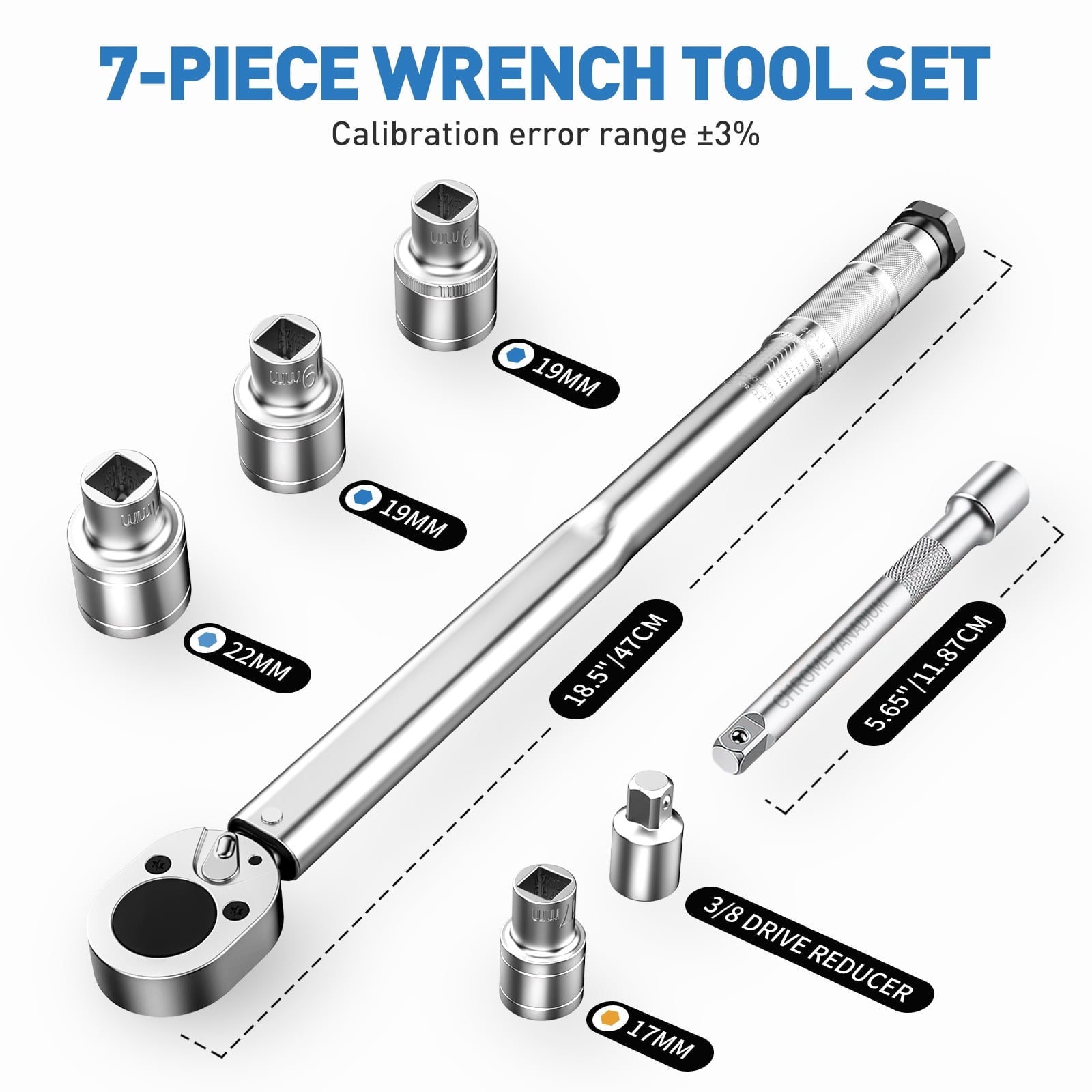 1/2-inch Drive Click Torque Wrench Set, 20-159 Ft-Lb/28-210 Nm, Dual-Direction & Adjustable 72-tooth Torque Wrench Kit with Extension Bar & Buckle, Socket Set-7PCS