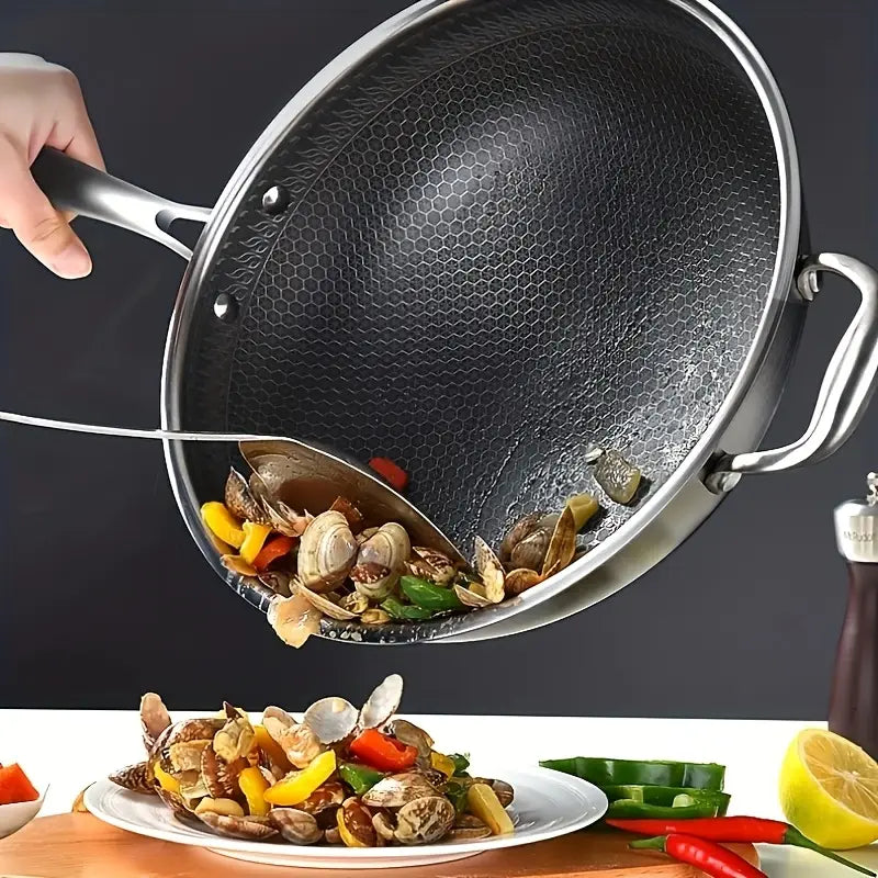13.3Inch Stainless Steel Non-stick Wok With Lid And 2pcs Cookware Accessories, Honeycomb Design, Home Cooking Pan, Induction Cooker, Electric Ceramic Stove And Kitchenware