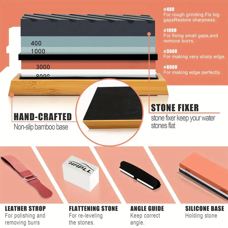 1 Set Professional Knife Sharpening Stone Kit, 4 Sided Grit 400/1000 3000/8000, with Non-Slip Bamboo Base, Leather Strop, Flattening Stone & Angle Guide for Sharp Kitchen Knives - For Home Cooks & Chefs - Suitable for Honing & Sharpening