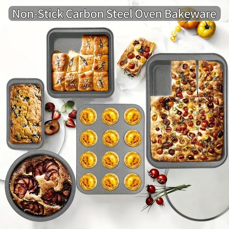 10pcs Nonstick Baking Pans Set Kitchen Baking Sheets for Oven, Bakeware Sets with Round/Square Cake Pan, Muffin Pan, Loaf Pan, Roast Pan, Cookie Sheet Set Baking Supplies Grey