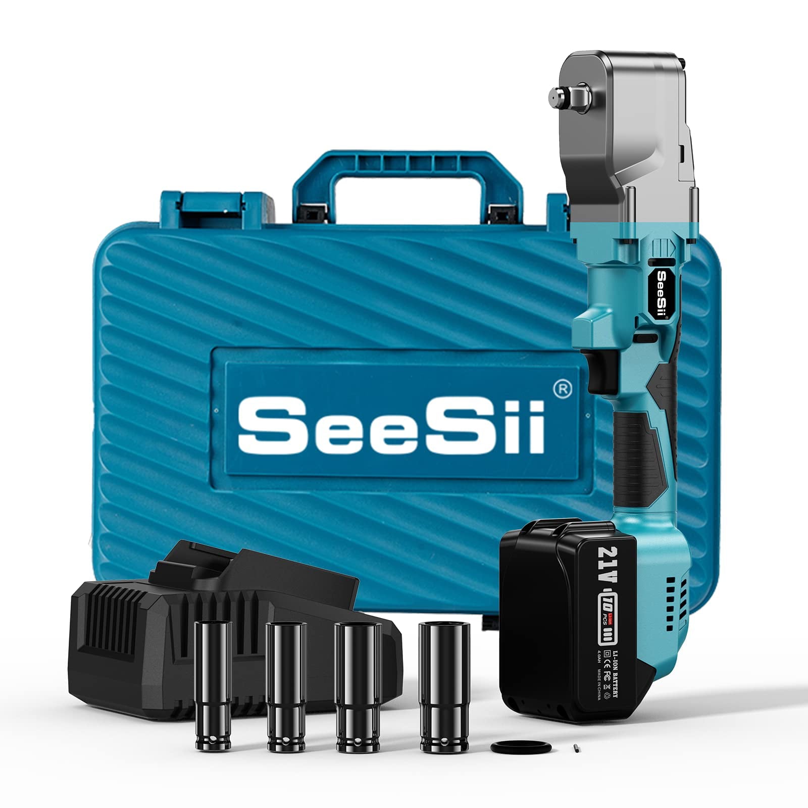 1/2'' Cordless Right Angle Impact Wrench Kit ,Seesii Brushless Power Impact Wrench 220Ft-lbs(300N.m), w/4.0Ah Rechargable Battery & 4 Sockets