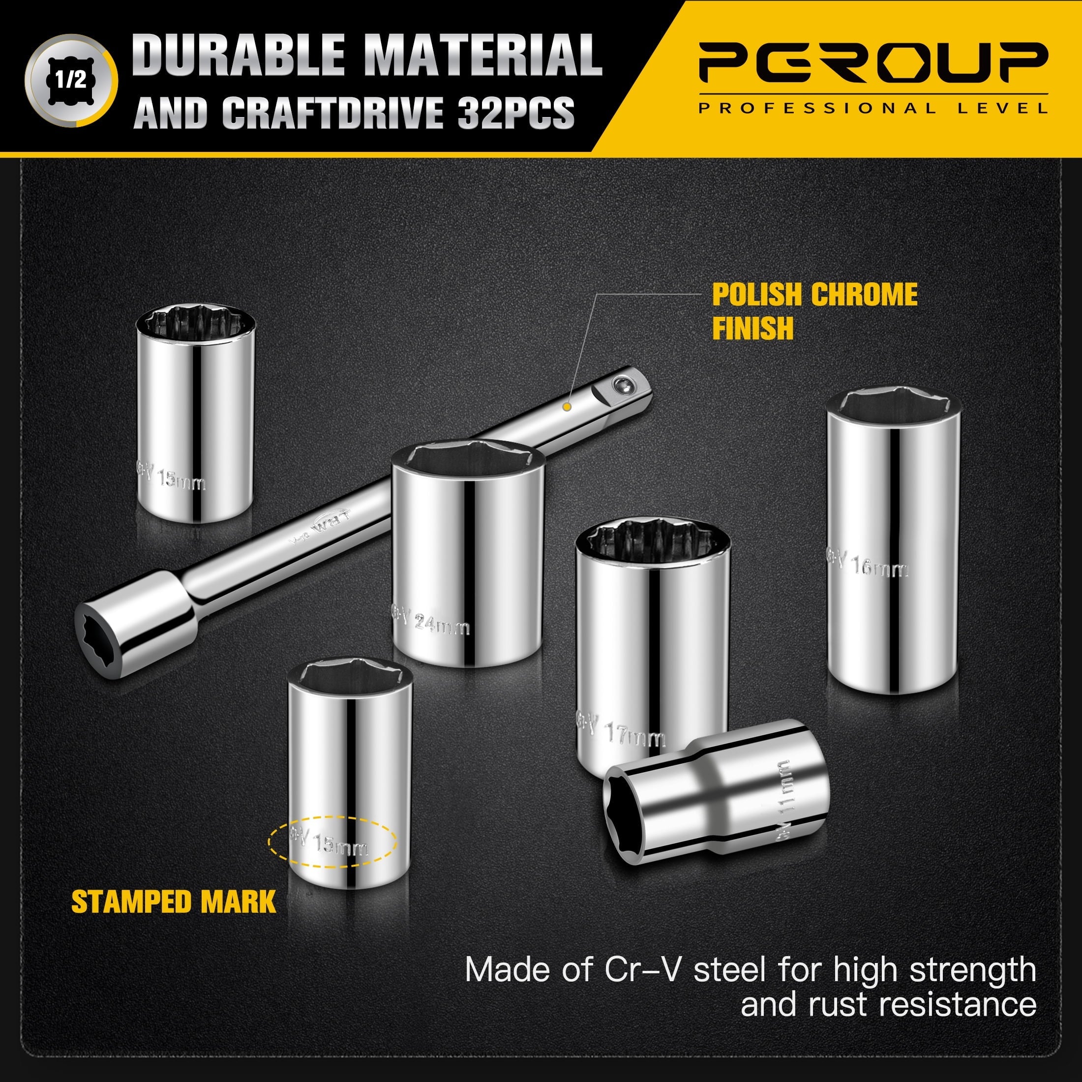 1/2" Drive 8mm-32mm Metric Socket Set, 32 Pcs Mechanic Tool Socket Ratchet Wrench Set, for Auto Repairing