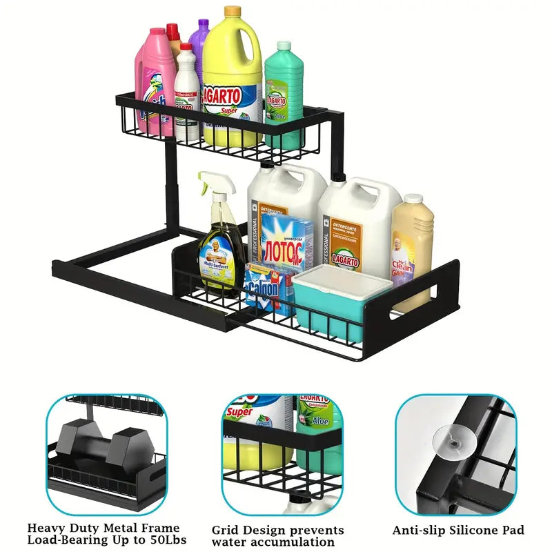 2-Tier Slide-Out Under Sink Organizer - Heavy-Duty Cast Iron Pull-Out Cabinet Shelf with Adjustable Compartments, Space-Saving Storage for Kitchen & Bathroom Cabinets