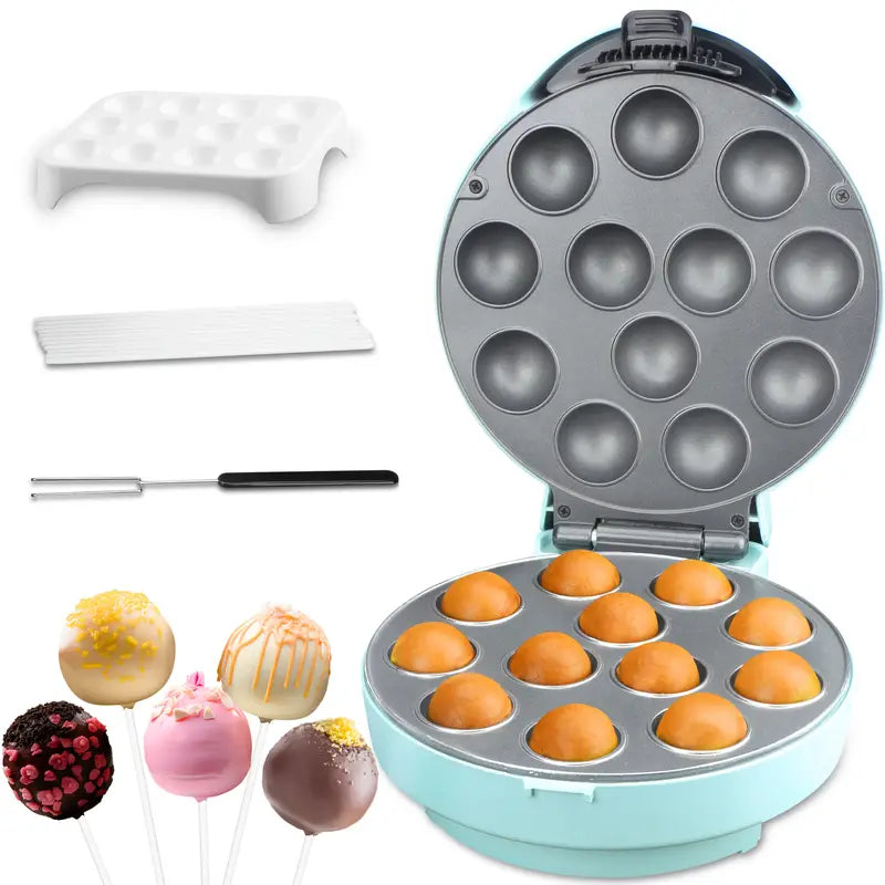 12-Cavity Cake Pop Maker Machine with Sticks & Fork Tool, Aqua Blue Round Electric Dessert Press for Uniform Cake Pops, Includes Decorating Tools & Accessories, Kitchen Appliance | Decorative Cake Tool | Durable Kitchen Gadget, Cake Pop Supplies