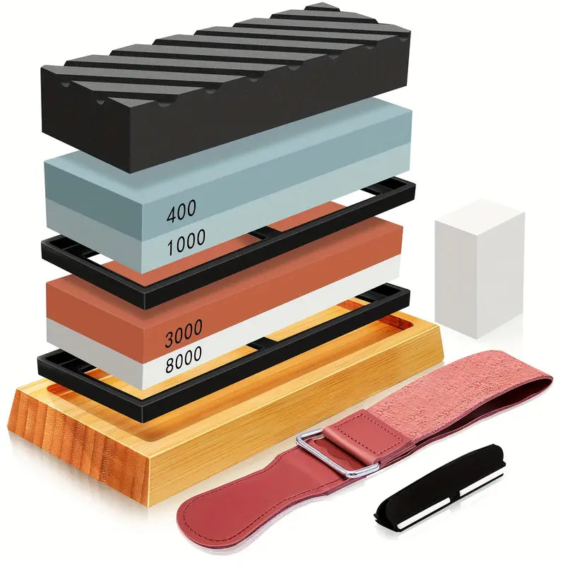 1 Set Professional Knife Sharpening Stone Kit, 4 Sided Grit 400/1000 3000/8000, with Non-Slip Bamboo Base, Leather Strop, Flattening Stone & Angle Guide for Sharp Kitchen Knives - For Home Cooks & Chefs - Suitable for Honing & Sharpening