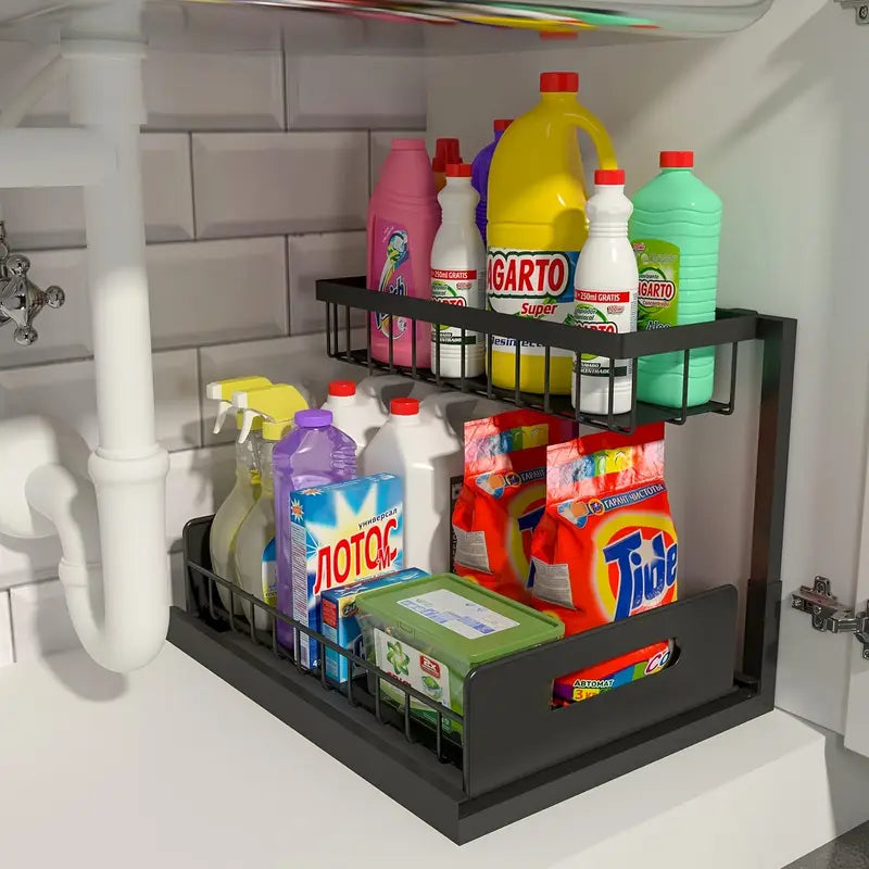 2-Tier Slide-Out Under Sink Organizer - Heavy-Duty Cast Iron Pull-Out Cabinet Shelf with Adjustable Compartments, Space-Saving Storage for Kitchen & Bathroom Cabinets