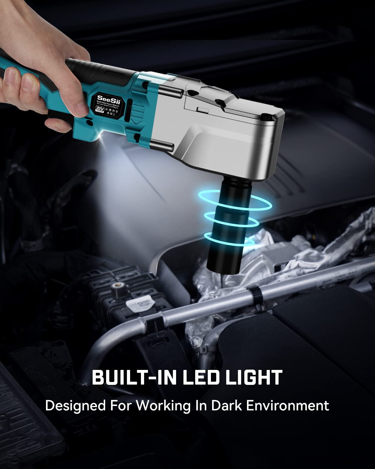 1/2'' Cordless Right Angle Impact Wrench Kit ,Seesii Brushless Power Impact Wrench 220Ft-lbs(300N.m), w/4.0Ah Rechargable Battery & 4 Sockets