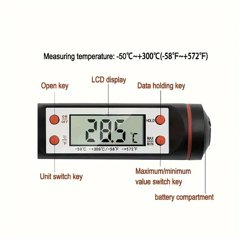 1pc Digital Instant Read Thermometer, Plastic, Ultra-Fast & Precise Cooking Probe for Meat, Milk, Liquids & Candy, Battery Included (Button Battery), for Home & Restaurant Kitchens, Black/White