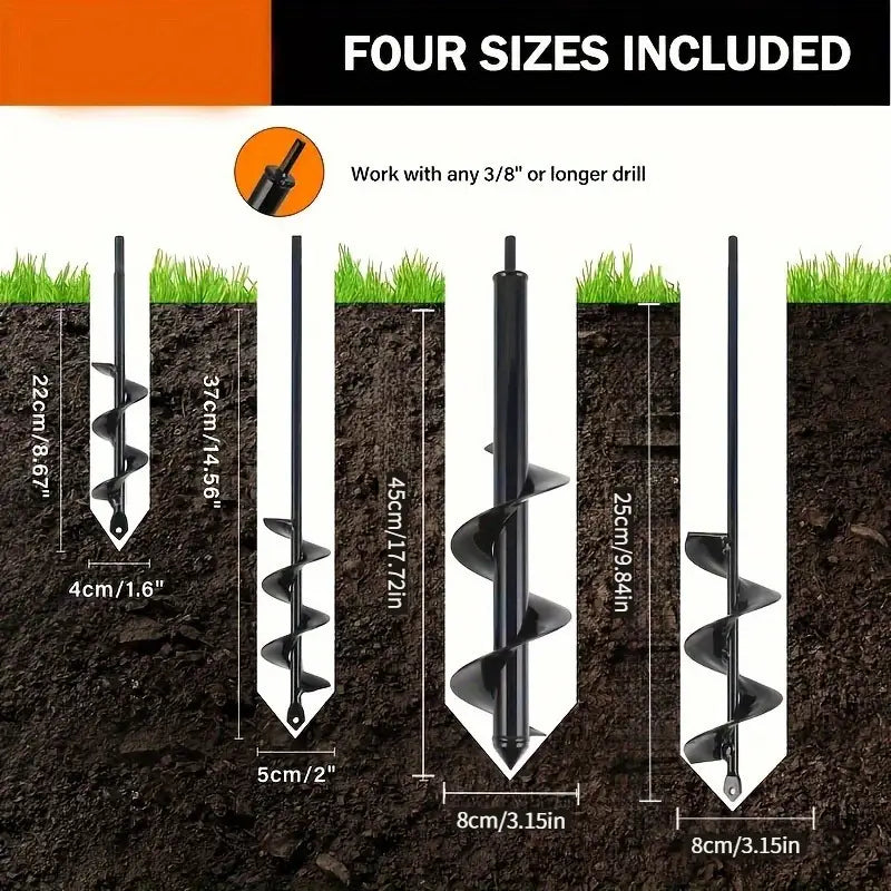 [Carbide Auger Bits] 4pcs Carbide Auger Bits Set- Hex Shank 3/8 Drive- Rapid Planter Tools Planting, Garden Ground Drill Bits, Bulb Seedbed Digging, Pillar Hole Excavator, Sizes 1.6x8.67, 2x14.56, 3.14x9.84, 3.54x15.7
