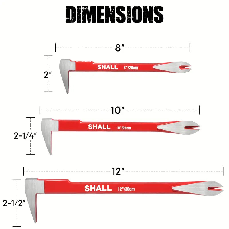 SHALL 3pcs Nail Puller Tool Set, 12', 10', 8' - Heavy Duty & Mini Cats Paw Pry Bar, Utility Claw Bar, Wonder Bar, High Carbon Steel Crowbar Tool For Home Remolding & Woodworking Tile Removal Tools