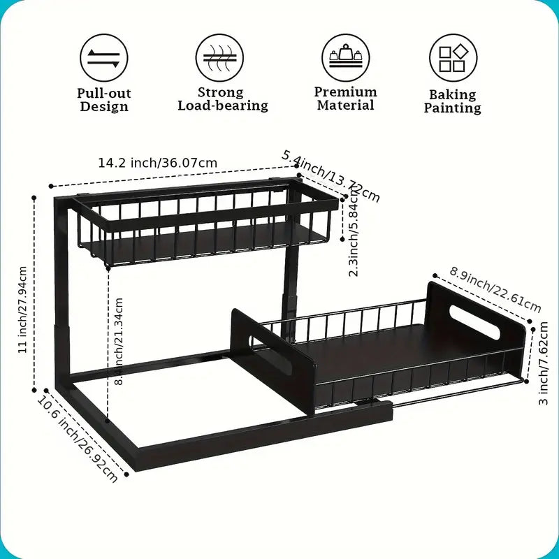 2-Tier Slide-Out Under Sink Organizer - Heavy-Duty Cast Iron Pull-Out Cabinet Shelf with Adjustable Compartments, Space-Saving Storage for Kitchen & Bathroom Cabinets