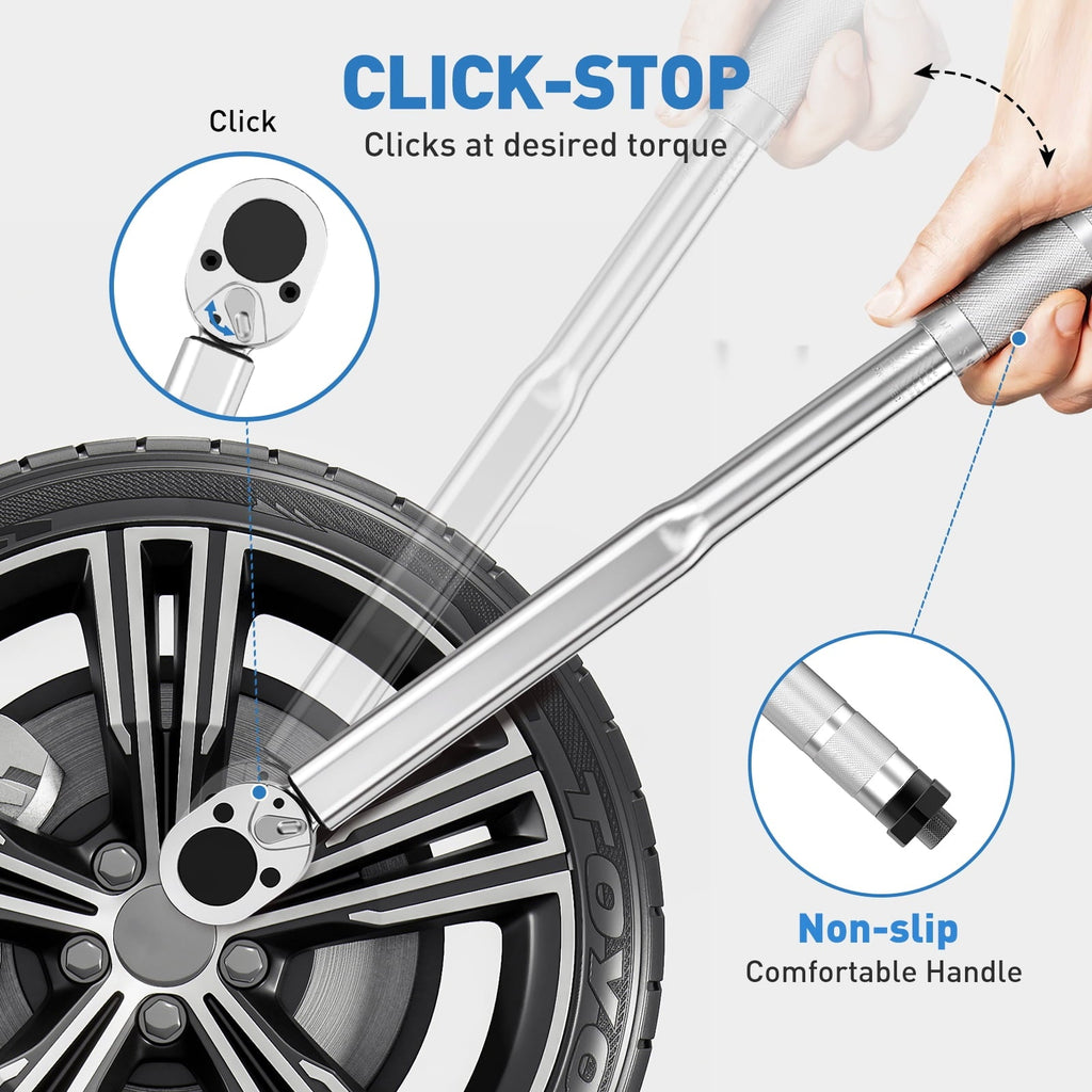 1/2-inch Drive Click Torque Wrench Set, 20-159 Ft-Lb/28-210 Nm, Dual-Direction & Adjustable 72-tooth Torque Wrench Kit with Extension Bar & Buckle, Socket Set-7PCS