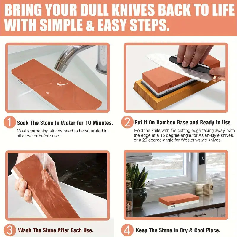 1 Set Professional Knife Sharpening Stone Kit, 4 Sided Grit 400/1000 3000/8000, with Non-Slip Bamboo Base, Leather Strop, Flattening Stone & Angle Guide for Sharp Kitchen Knives - For Home Cooks & Chefs - Suitable for Honing & Sharpening