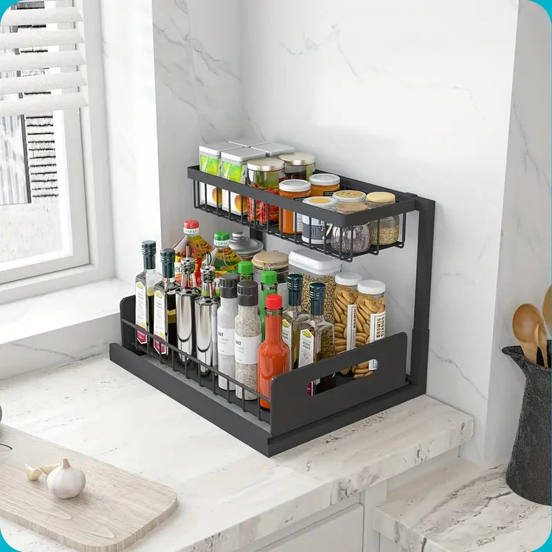 2-Tier Slide-Out Under Sink Organizer - Heavy-Duty Cast Iron Pull-Out Cabinet Shelf with Adjustable Compartments, Space-Saving Storage for Kitchen & Bathroom Cabinets