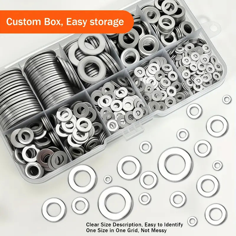 580pcs 304 Stainless Steel Flat Washer Set, Durable Material, Polished Surface, O-Ring Fastener Spacer Set with Storage Box, Includes 9 Common Sizes (M2-M12), Suitable for Outdoor Architecture Home Decor, Factory Maintenance, Kitchen, DIY Projects