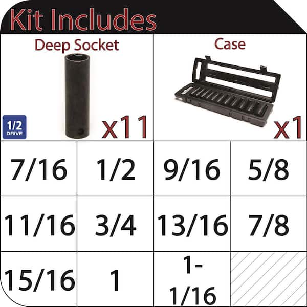 1/2 in. Drive SAE 6-Point Impact Socket Set with Storage Case (11-Piece)